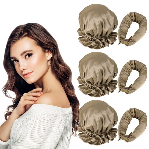 Kaiersi Satin Heatless Hair Curler 3 Pack, Soft Silk Heatless Curling Hair Rollers with Cap, No Heat Curling Headband for Women, Gold (6 Pcs)
