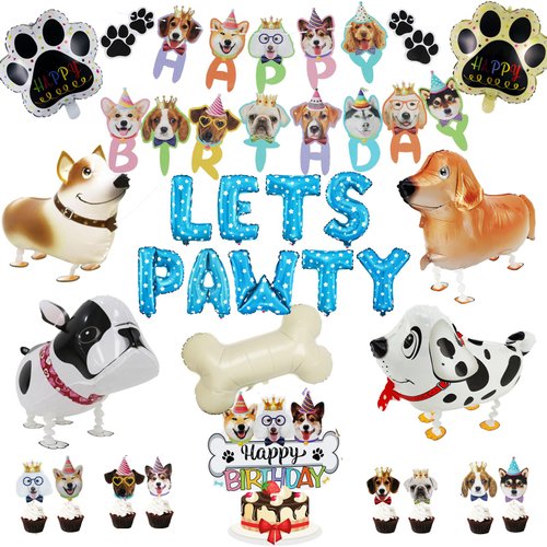 Dog Birthday Decorations, Lets Pawty Birthday Decorations Boy, Dog Birthday party Supplies Include Puppy Dog Happy Birthday Banner, Dog Balloons, Paw Print Balloons, Cake Toppers