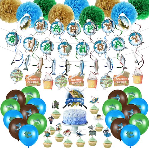 Outus 77 Pcs Gone Fishing Party Decorations Adult Fishing Birthday Party Decoration Include Gone Fishing Happy Birthday Banner Pom Pom Flowers Hanging Swirls Latex Balloons Cupcake Topper