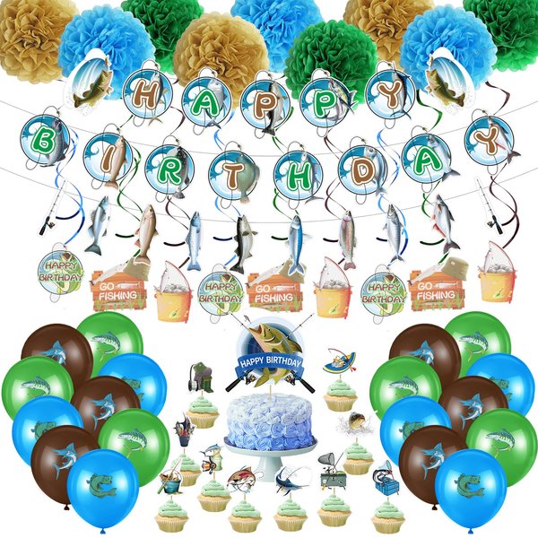 Outus 77 Pcs Gone Fishing Party Decorations Adult Fishing Birthday Party Decoration Include Gone Fishing Happy Birthday Banner Pom Pom Flowers Hanging Swirls Latex Balloons Cupcake Topper