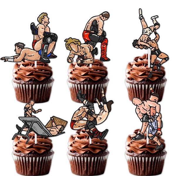 18pcs Glitter Wrestling Boy Dessert Cupcake Topper Wrestling Theme Decor Supplies Boy Man Wrestler Happy Birthday Party Decorations