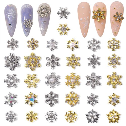 32 Pcs Snowflake Nail Charms Rhinestones 3D Crystals Diamonds for Acrylic Nails, Metal Gold Silver Christmas Snowflakes Nail Charms Gems for Women Nail Art DIY Decoration Crafts Gifts (Snowflake)