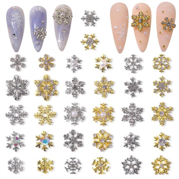 32 Pcs Snowflake Nail Charms Rhinestones 3D Crystals Diamonds for Acrylic Nails, Metal Gold Silver Christmas Snowflakes Nail Charms Gems for Women Nail Art DIY Decoration Crafts Gifts (Snowflake)
