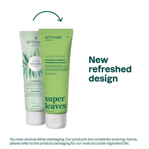 ATTITUDE Nourishing Hair Conditioner, For Dry and Damaged Hair, Naturally Derived Ingredients, Vegan Detangler, Dermatologically Tested, Grapeseed Oil and Olive Leaves, 8 Fl Oz