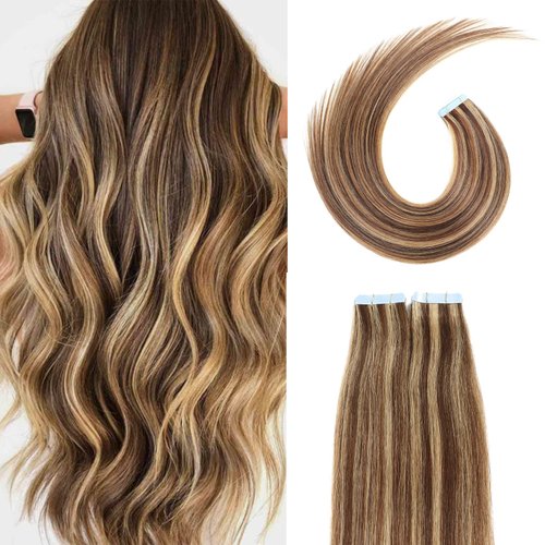 Tape in Hair Extensions Human Hair Color Chocolate Brown and Caramel Blonde Remy Hair 12 Inches 20pcs 40g/pack Straight Seamless Skin Weft Tape in Human Hair Extensions(12inch,#4p27,40g)