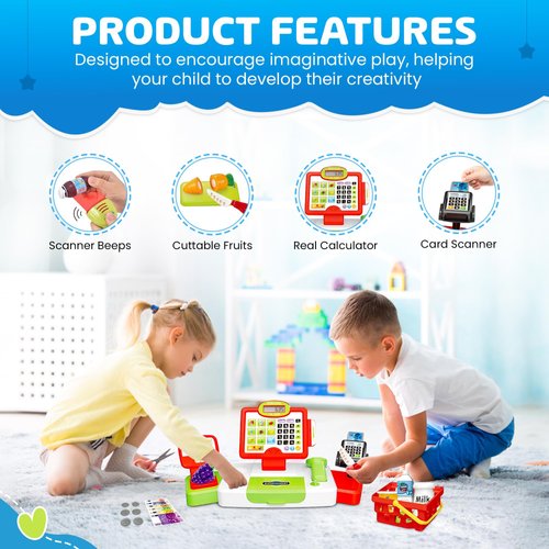 Kids Cash Register with Card Scanner and Credit Card - Toddler Electronic Toy Pretend Play Grocery Supermarket Cashier Playset with Barcode Scanner-Grocery Play Cash Register Toy for 3 Years and More