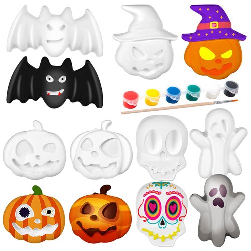 WDAHDHP DIY Halloween Painting Kit, 6Pcs Ready to Paint Your Own Pumpkin Ghost Bat Figurines, Unpainted Crafts with Brush Palette Paint for Girls Boy Halloween Gifts Toys
