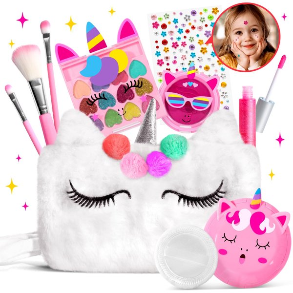 ULOVEME Kids Washable Makeup Kit for Girls 4-6 with Small Coin Purse(5.5x5.25in) - Real, Non Toxic Makeup for Little Girls - Umicorns Gifts for Girls (Square WHT Umicorn)