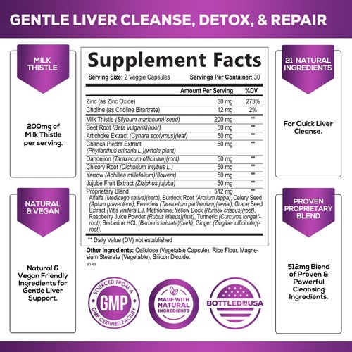 Gentle Liver Cleanse Detox & Repair Formula - Herbal Liver Support Supplement: Milk Thistle with Silymarin, Artichoke Extract, Dandelion, Beet, Chicory Root, & Turmeric for Liver Health - 60 Capsules