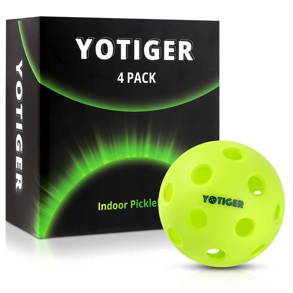 YOTIGER Indoor Pickleball Balls 4-Pack, 26 Holes High Bounce Durable Green Pickle Balls, Perfectly Balanced Pickleball Ball for All Style Pickleball Paddles & All Skill Levels