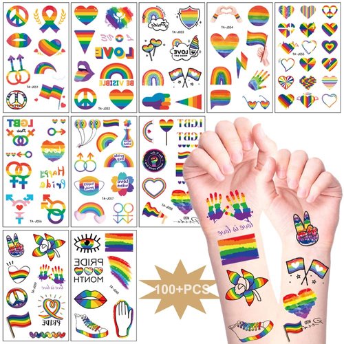 Rainbow Pride Temporary Tattoos for Kids Adult LGBT Fake Tattoo Stickers 10 Sheets Waterproof Happy Pride Flower Arm Body Face Tattoos Rainbow Stickers for Pride Day Party Favor Supplies