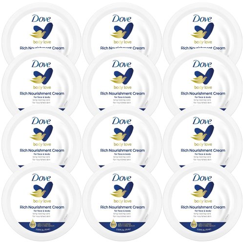Dove Body Love Rich Nourishment Cream, Face, Hand & Body Lotion for Extremely Dry Skin, Fast-Absorbing 72-Hour Moisturizing Cream with Ceramide Serum, Travel Size, 2.53 Oz (Pack of 12)