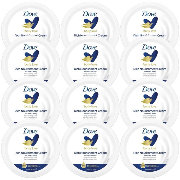 Dove Body Love Rich Nourishment Cream, Face, Hand & Body Lotion for Extremely Dry Skin, Fast-Absorbing 72-Hour Moisturizing Cream with Ceramide Serum, Travel Size, 2.53 Oz (Pack of 12)
