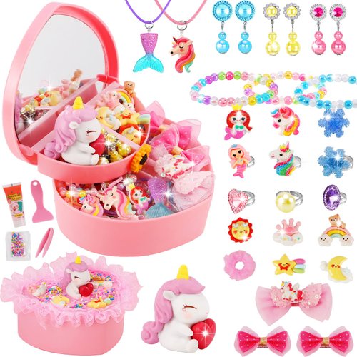 Kids Toys for Ages 5-7 Girls Jewelry,33pcs Toddler Toys Arts and Crafts DIY Clip on Earrings,Princess Toys Adjustable Ring,Girls Toys for 3 4 5 6 7 8-10 Year Old Birthday Christmas Gifts