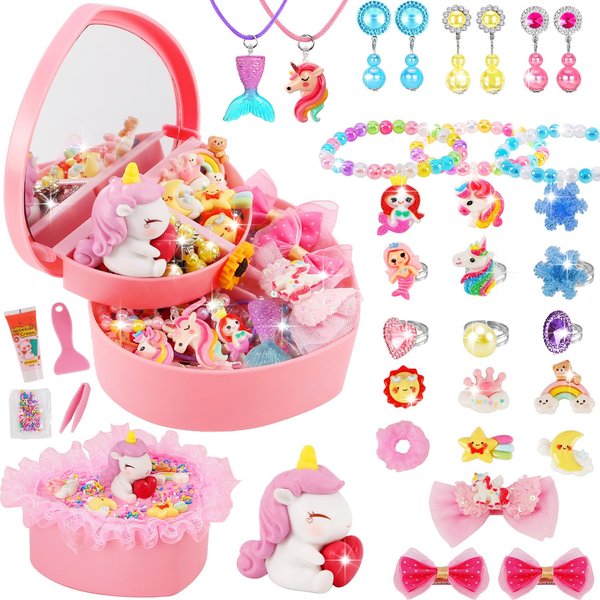 Kids Toys for Ages 5-7 Girls Jewelry,33pcs Toddler Toys Arts and Crafts DIY Clip on Earrings,Princess Toys Adjustable Ring,Girls Toys for 3 4 5 6 7 8-10 Year Old Birthday Christmas Gifts