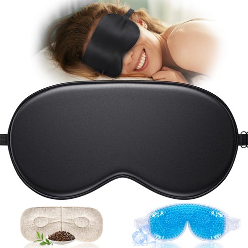 TOPOINT Silk Sleep Mask Light Blocking, 3-in-1 Cooling Heated Eye Mask for Sleeping, Includes Silk Senna Seed and Gel Eye Masks, for Migraine Dry Eye Dark Circles Women Men