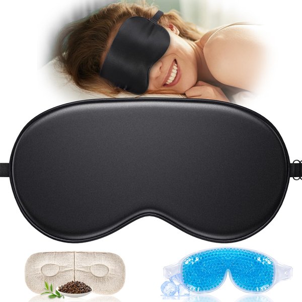 TOPOINT Silk Sleep Mask Light Blocking, 3-in-1 Cooling Heated Eye Mask for Sleeping, Includes Silk Senna Seed and Gel Eye Masks, for Migraine Dry Eye Dark Circles Women Men