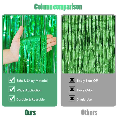 CANREVEL 2 Pack 3.3x8.2 Feet Laser Green Foil Fringe Backdrop Curtains, Tinsel Streamers Birthday Party Decorations, Fringe Backdrop for Jungle Safari Tropical Party Christmas Decorations
