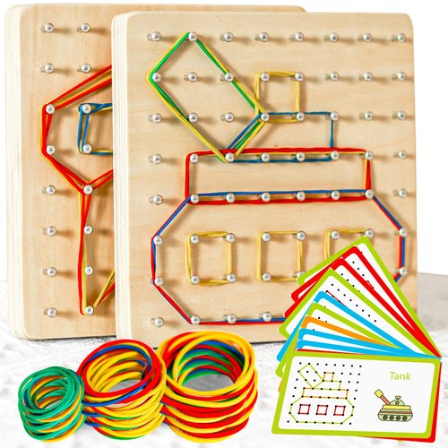 CHEROSIN 2Pack Wooden Geoboard Montessori Toys - Wood Geo Board Manipulative Geoboards for 4 5 6 Year Old Kids with Pattern Cards and Rubber Bands,Educational Peg Board for Boys Girls Ages 3-6