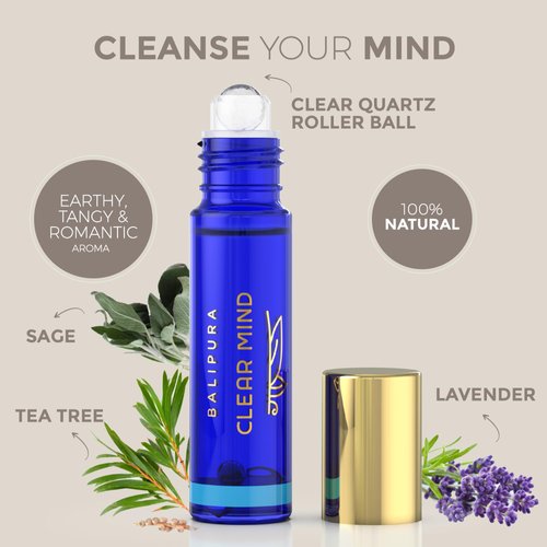 BALIPURA - Crystal Aura Roll On - Clear Mind Aromatherapy Oil - Tea Tree Essential Oils Roll on with Healing Crystals for Body - Calming Essential Oils - Scented Oils - Relaxation Gifts for Women
