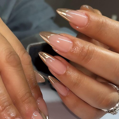 SINHOT Stiletto Press on Nails Long Almond Fake Nails Gold Glitter Acrylic Nails Glossy Glue on Nails French Tip Artificial Nails Stick on False Nails with Design 24 pcs