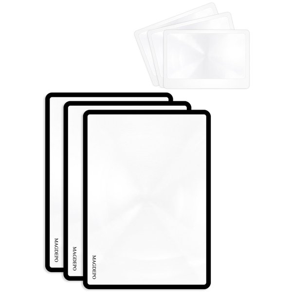 MAGDEPO 3X Magnifying Sheet 3 Pack Plastic Lightweight Page Lens + 3 Card Magnifying Lenses Suitable for Reading Small Patterns, Texts, Prints, Newspapers, Menu, Maps, and Books