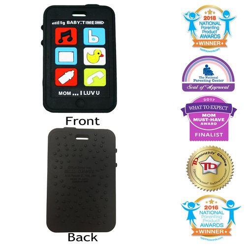 Silli Chews Cute Baby Teether Cell Phone Kids Pretend Play Toy Fake Phone for Babies Telephone Mobile Safe Silicone Teething Toy Infant Pain Relief Apple Black Smart Chatter | Silly Chew Toy