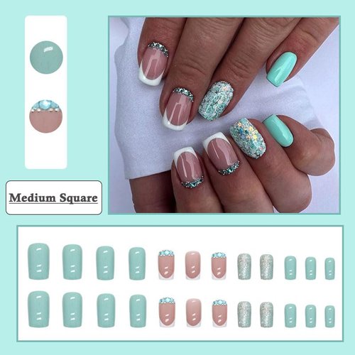 BAOYAALIN Press on Nails Short Medium Square French White Fake Nails with Rhinestones Glitter Design Press ons Artificial Acrylic False Stick on Nail for Women Girls Daily Wear Wedding 24Pcs