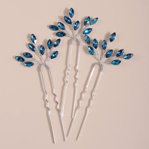 Octwine Bride Wedding Blue Crystal Hair Pins Rhinestones Bridal Hair Pieces Wedding Hair Accessories for Women and Girls Pack of 3