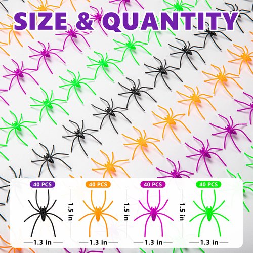 Labeol 160 PCS Fake Spiders, 4 Colors Halloween Realistic Plastic Fake Spider Toys, Spider Prank Props Halloween Scary Spiders for Halloween Party Home Decorations, Halloween Party Favors Supplies