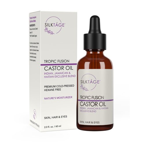 SILKTÁGE Tropic Fusion Castor Oil - Organic Indian, Jamaican, and Haitian Blend. Pure, Cold Pressed, Hexane Free, skin moisturizer, grow healthy hair & eyelashes 2.0 Fl Oz