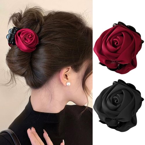 2 Pcs Retro Satin Rose Hair Claw Clip for Women Rose Flower Nonslip Jaw Clip Floral High Ponytail Hold Strong Hair Clamps Thick Thin Hair Clips for Hair Styling Shark Clip Hair Accessories
