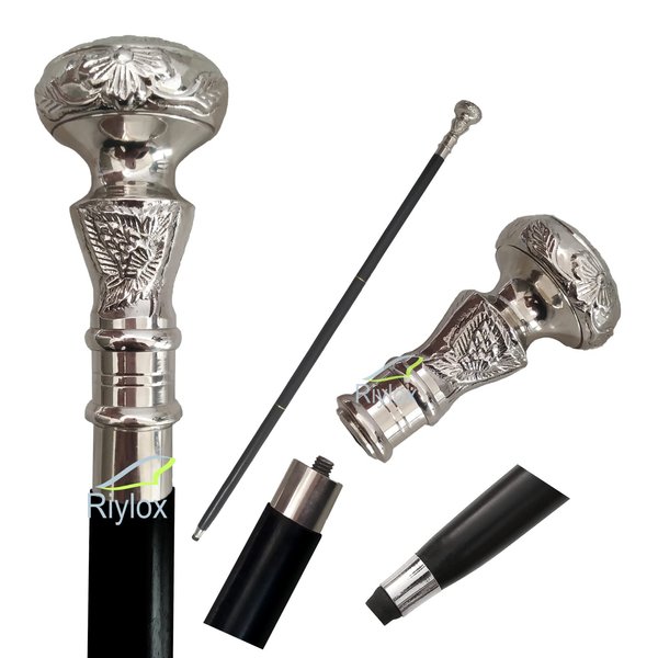 Riylox Vintage Antique Walking Cane Wooden Walking Stick Silver Brass Handle Knob Gift Halloween Costume Cruella Vampire Cane
