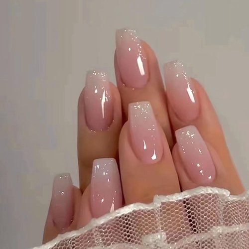 Press on Nails Medium Coffin MABKJLF French Fake Nails Pink Full Cover White Gradient False Nails with Designs Glossy Glue on Nails Acrylic Nails Artificial Nails for Women Girls 24Pcs