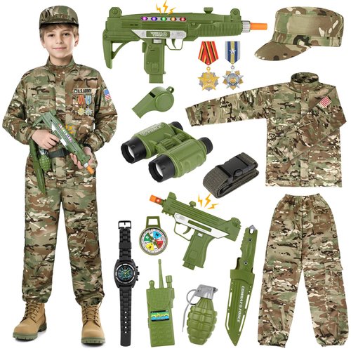 GIFTINBOX Army Costume for Kids,15PCS Soldier Military Dress Up Role Play Set with Accessories,Halloween Costumes Boys Kids 3-12,Halloween Birthday Gift Kids,Green Camouflage,Medium (5-7y)