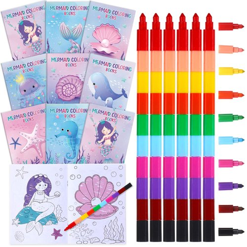 24 Pcs Mermaid Coloring Books with 24 Stacking Crayons for Kids Party Favors Mermaid Theme Activity Books Rainbow Crayons Mermaid Birthday Coloring Books Bulk for Kids Favor Bag Filler Party