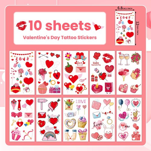 EMOME Valentine's Day Temporary Tattoos for Kids, 10 Sheets Lip Kiss Tattoos Temporary for Party Decorations Party Supplies, Cupid Heart Tattoos for Girls Kids