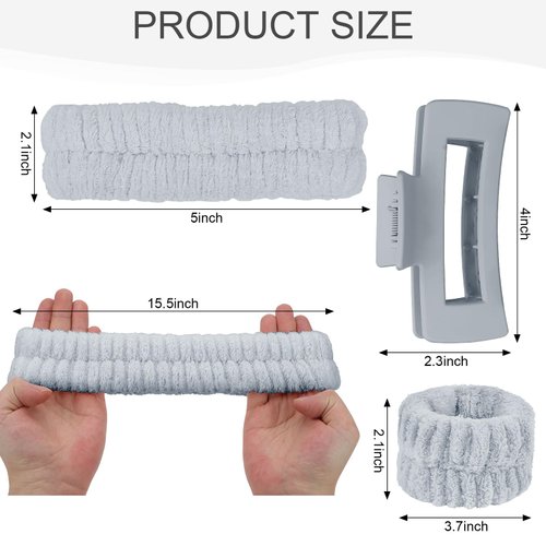 ACO-UINT 4Pcs Gray Spa Headband and Face Washing Wristbands Set, Skincare Headband Face Wash Headband Makeup Headband, Hair Claw Clip Skin Care Headband for Washing Face