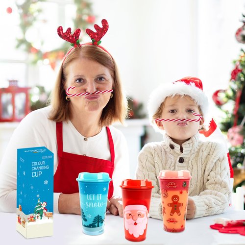 CUPLOOV 6pcs Christmas Color Changing Hot Cups with Lids, Plastic Reusable Hot Coffee Cups for Adults Kid Winter Christmas Holiday Birthday Party Cups Tumblers, 16 Oz