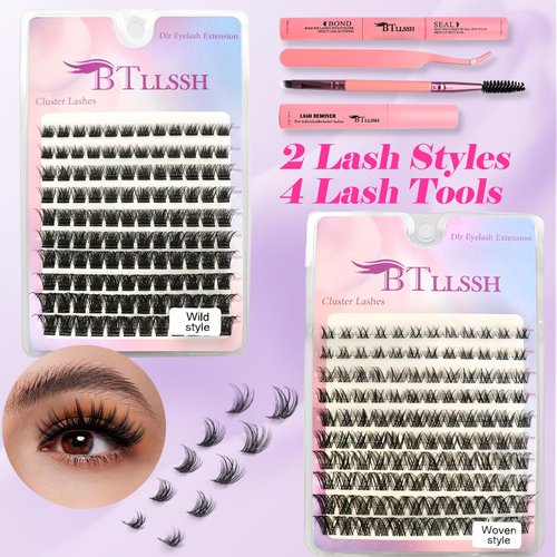 BTLLSSH Lash Extension Kit DIY 240pcs Lash Clusters Eyelash Extension Kit Individual Lashes Kit with Lash Bond & Seal Remover Lash Tweezers for Self Use (003E-0.31-0.63INCH-MixStyles)