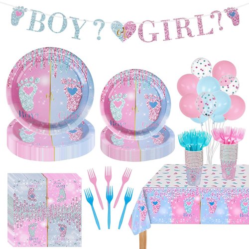 Decorniqu Gender Reveal Party Decorations 146 Pcs Serves 24 Guests Boy or Girl Party Supply with Disposable Paper Plates Napkins Cups Tablecloth Cutlery for Baby Shower Gender Reveal Party Supplies