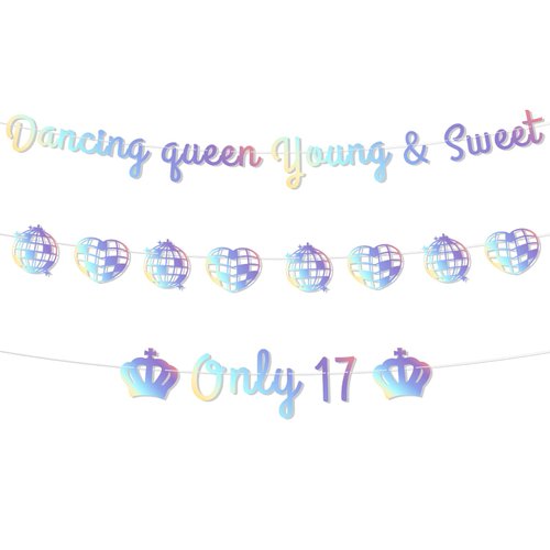 Dancing Queen Party Decorations 17 - Lovarywow 3PCS Dancing Queen Young & Sweet Only 17 Banner Decor No DIY 17th Birthday Decorations Girls Cute Laser Dancing Queen Themed Party Supplies Holographic