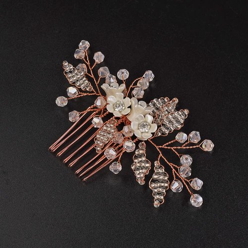 Jumwrit Rose Gold Bridal Hair Comb Wedding Rhinestone Hair Comb Handmade White Flower Hair Comb Headpiece Bride Hair Accessories for Wedding Women Bridesmaid（Rose Gold）