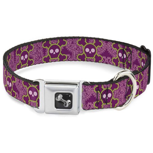Buckle-Down Seatbelt Buckle Dog Collar - Cute Skulls w/Paisley Purple/Pink/Green - 1.5" Wide - Fits 16-23" Neck - Medium