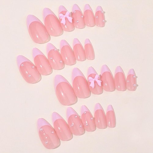 MISUD Press on Nails Medium Almond Fake Nails Glossy Glue on Nails Pink French Tip Acrylic Nails Stiletto Artificial Nails Cute Bow Pearl Stick on False Nails with Design 24 pcs