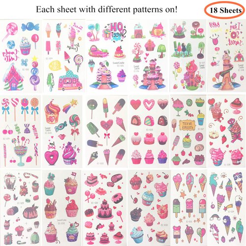 18 Sheets of Dessert Temporary Tattoos Cartoon Rainbow Ice Cream Lollies Cookie Cake Heart Tattoo Stickers for Girls Boys Kids Adults – Great for Birthday Party Sweet Summer Party Supplies
