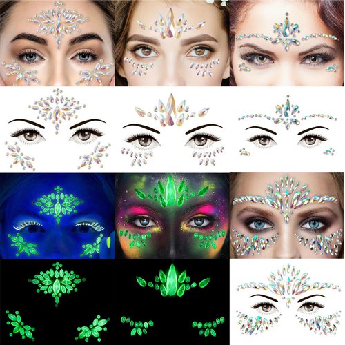 4 Sheets Euphoria Face Gems, 10g Chunky Glitter, Rhinestones Jewels Stickers Glow in The Dark-Luminous Gems Body Makeup for Music Festivals Rave Carnival Cosplay (2Luminous)