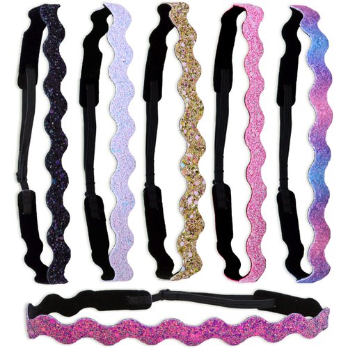 FROG SAC 6 Glitter Elastic Headbands for Girls, Adjustable Non Slip Thin Stretch Hair Bands, Wavy Sport Headband, Teen Girl Athletic Sport Head Band Accessories, Nonslip Zig Zag Toddler Hairbands