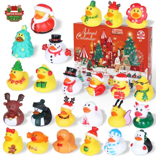 Christmas Rubber Ducks Advent Calendar, 24 Christmas Ducks for Kids Toddler Boys Girls Bath Toys, Jeep Ducking Stocking Stuffers Xmas Party Favor Surprise Gift Idea