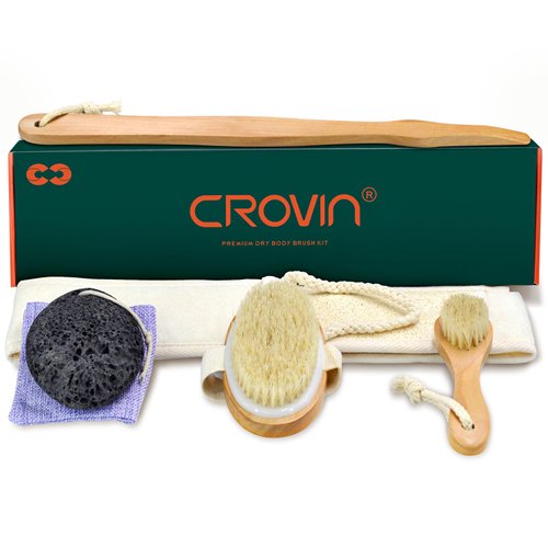 CROVIN Dry Brushing Body Brush - Natural Boar Bristle Dry Brush Set for Body and Face Brushing - Ski Brushing - Loofah Back Scrubber - Bath and Shower Gloves - Pumice Stone Foot Scrub - Men and Women